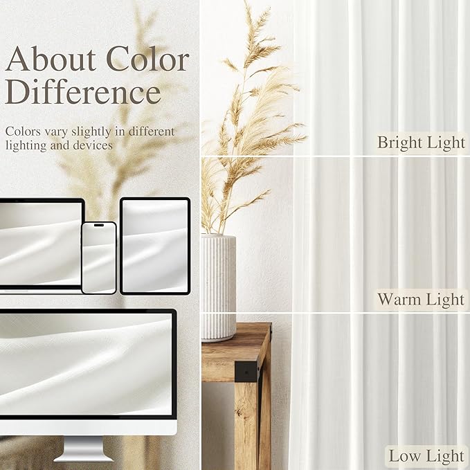 Nanspring Ivory Semi Sheer Curtains 72 Inches Long 2 Panels Set for Bedroom Back Tab Rod Pocket Light Filtering Privacy Drapes Cotton Linen Textured Farmhouse Living Room Curtain 52X72 Inches