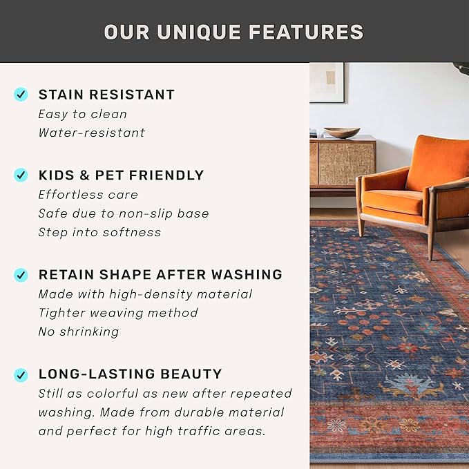 Hazo Haus Washable 3x8 Long Runner for Wide Kitchen Floor - Navy Blue 8ft Hallway Runner Rug, Pet Friendly Waterproof Non Slip with Rubber Backing, Stain Resistant Area Rug