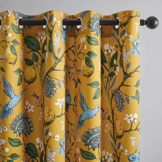 Topfinel 48 Inches Long Short Mustard Yellow Blackout Curtains for Cafe Kitchen, Grommet Room Darkening Luxury Floral Lemon Hummingbird Patterned Waverly Colorful Drapes for Living Room Bedroom