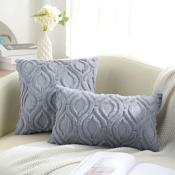 decorUhome Throw Pillow Covers 26x26 Inch Set of 2, Soft Plush Faux Wool Blue Grey Solid Couch Pillow Covers, Accent Euro Sham Farmhouse Neutral Square Pillow Cases for Sofa Bed Living Room