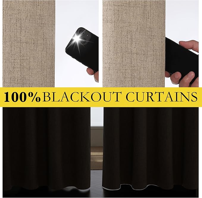 NICETOWN Burlap Vintage Open Linen Weave Flax Thermal Curtains, 100% Blackout Curtains 54" Long for Dining Room, Soundproof Window Treatment Drapes for Kitchen, 42" Wide Per Panel, Set of 2
