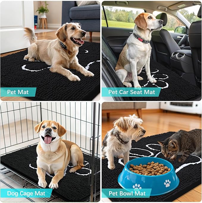 OLANLY Dog Door Mat for Muddy Paws 45x27, Paw Print Design, Absorbs Moisture and Dirt, Absorbent Non-Slip Washable Doormat, Quick Dry Chenille Mud Mat for Dogs, Entry Indoor Entryway Carpet, Black