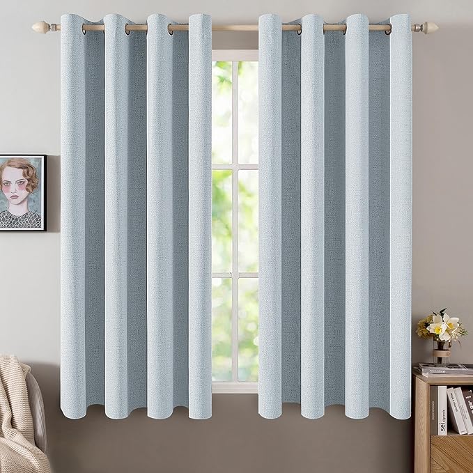 MIULEE Linen Textured Curtains for Bedroom Solid 100% Blackout Thermal Insulated Chambray Blue Grommet Room Darkening Curtains & Drapes Luxury Decor for Living Room Nursery 52 x 63 Inch (2 Panels)
