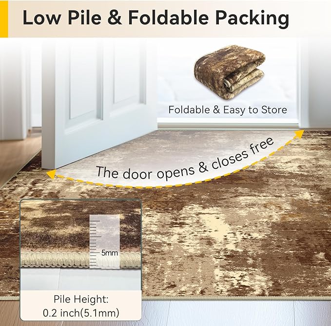Washable Area Rugs 2'x8' Non-Slip Modern Abstract Soft for Living Room Entryway Bedroom Nursery, Print Pattern, Brown Tan Beige Coffee