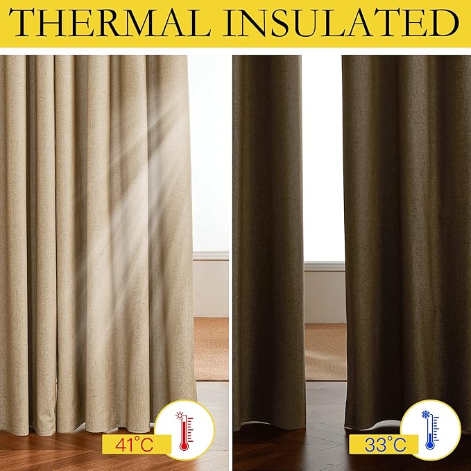 NICETOWN 100% Blackout Camel Linen Curtains 108 inches Length with Thermal Insulated Liners, 2 Panels, 62 inches W, Farmhouse Style Room Cooling Small Window Draperies for Dining Room