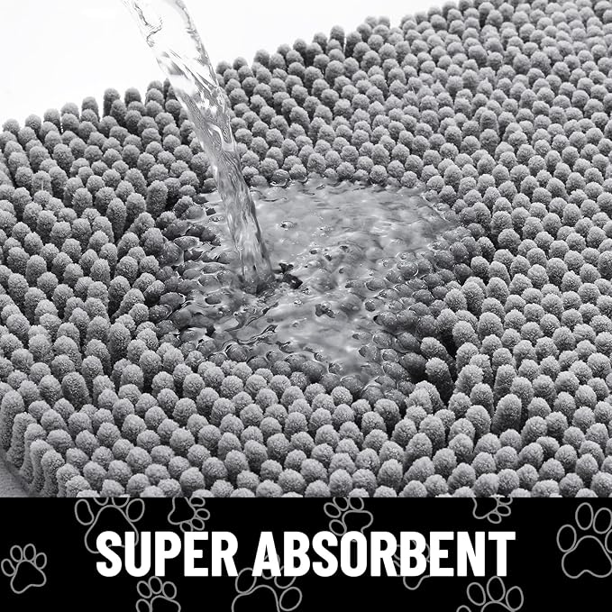 Smiry Dog Door Mat for Muddy Paws, Absorbent Dirt Trapper Non Slip Quick Dry Washable Chenille Mat for Mud Dogs, Entry Rug for Indoor and Outdoor (47x17 Inches, Grey and Black)