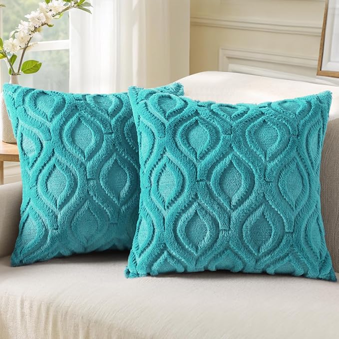 decorUhome Summer Throw Pillow Covers 16x16 Inch Set of 2, Soft Plush Faux Wool Turquoise Solid Couch Pillow Covers, Accent Farmhouse Neutral Square Pillow Cases for Sofa Bed Living Room