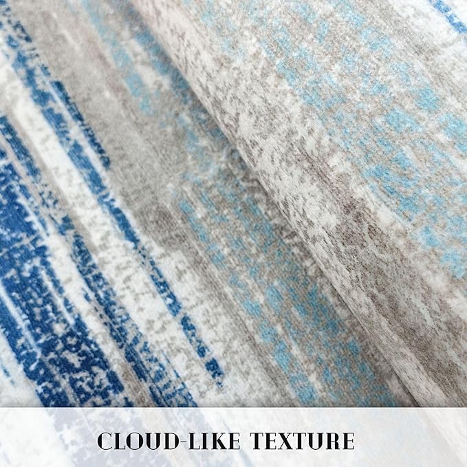 Lansny Modern Abstract Runner Rug 2.6x8, Blue Washable Kitchen Runner Non-Slip Soft Hallway Rug Runner Thin Print Faux Wool Carpet for Entryway Bedroom Laundry Room Indoor Home Decor