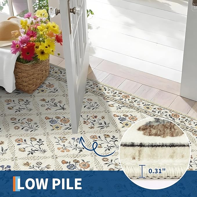Large Entryway Rug 3x5 Floral Washable Area Rugs Vintage Soft Non-Slip Small Floor Carpet Doormat Stain Resistant Low-Pile Ultra-Thin Entry Mat for Bedside Kitchen Beige
