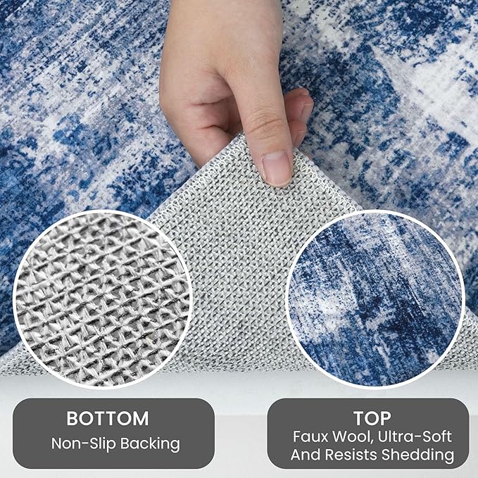 IOHOUZE Abstract Round Area Rug 6 Ft Washable Circle Rugs Large Round Rug Non Slip Thin Soft Circle Rugs, Printed Faux Wool Floor Carpet for Bedroom Living Room Dining Room Nursery, Navy/Grey