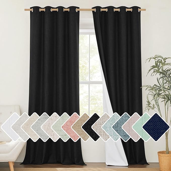 NICETOWN Vintage Open Linen Weave Flax Thermal Curtains, 100% Blackout Curtains 90 inches Long for Dining Room, Soundproof Window Treatment Drapes for Hall Room, Black, 52" Wide Per Panel, Set of 2