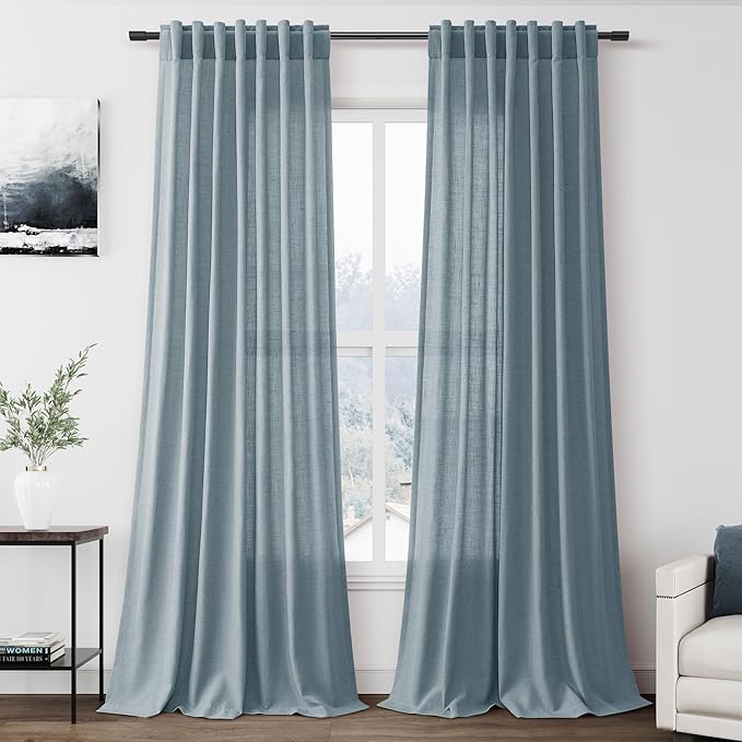 Extra Long Light Blue Linen Curtains 120 Inch for Living Room 2 Panels Set Rod Pocket Back Tab Light Filtering Semi Sheer Soft Linen Window Drapes Privacy High Ceiling Drapes for Farmhouse 52x120