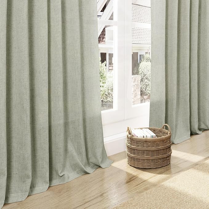 Nanspring Sage Green Curtains 144 Inches Long 2 Panels for Living Room Back Tab Rod Pocket Semi Sheer Linen Drapes Neutral Sage Decor Green Curtain Ceiling to Floor Length for Dining Room 52x144