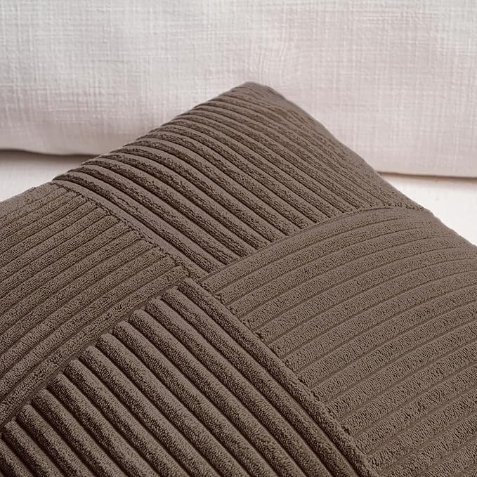 Fancy Homi 2 Packs Dark Brown Lumbar Decorative Throw Pillow Covers 14x24 Inch for Couch Bed, Rustic Farmhouse Boho Home Decor, Soft Striped Corduroy Rectangle Accent Cushion Case 35x60 cm
