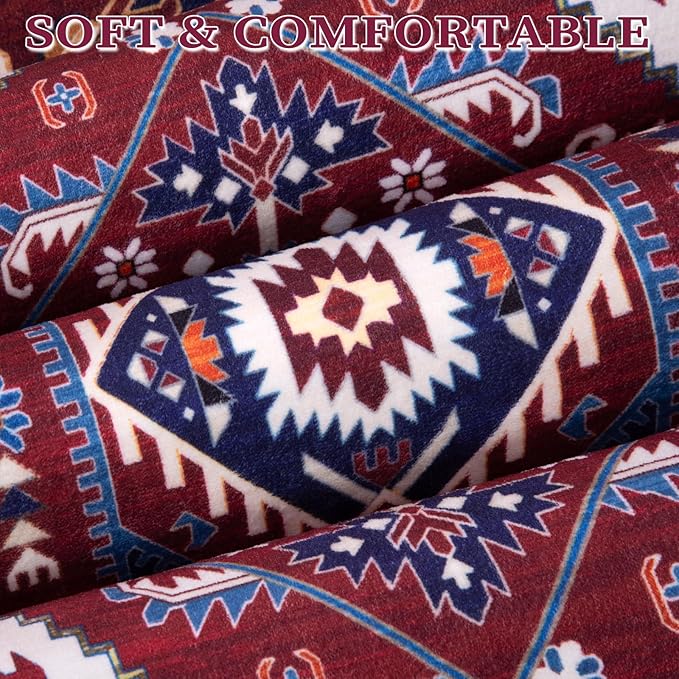 SERISSA Area Rug 3x5 Boho Rugs for Bedroom, Washable Non-Slip Living Room Rug, Ultra Soft Print Distressed Vintage Burgundy Navy Rug Low-Pile Throw Carpet for Entry Kitchen Nursery Dorm Decor