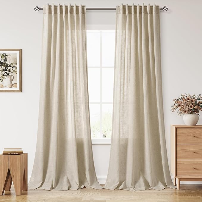 Eggshell Beige Linen Curtains for Living Room 98 Inches Long Light Filtering Semi Sheer Curtain Back Tab Rustic Farmhouse Decor Burlap Luxury Boho Drapes for Bedroom Dinner Room 52x98, 2 Panels