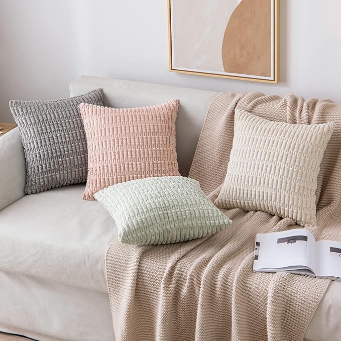 MIULEE Pack of 2 Corduroy Decorative Throw Pillow Covers 16x16 Inch Soft Boho Striped Pillow Covers Modern Farmhouse Home Decor for Sofa Living Room Couch Bed Cream White