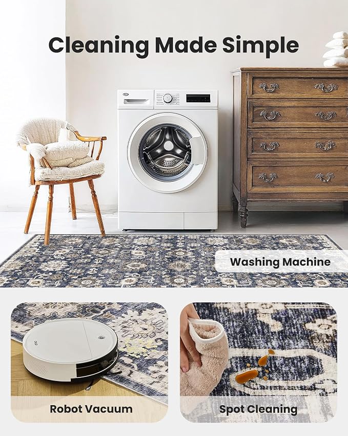 AMADA HOMEFURNISHING 2x5 Washable Runner Rug, Low-Profile Kitchen Rugs with Non-Slip Backing & Durable Edge Binding, Vintage Entryway Runner Rug for Bedroom & Hallway