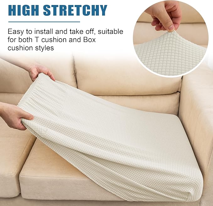 Water Resistant Sofa Seat Cushion Covers, RV Dinette Couch Cushion Slipcovers, Stretch Furniture Protector for Kids, Pet (Loveseat Cushion, Creamy White)