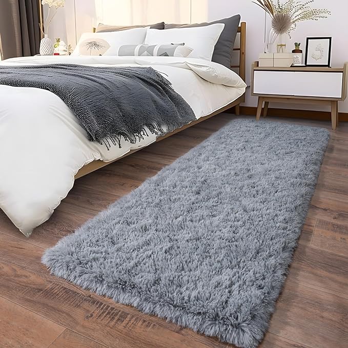 Fluffy Shag Runner Rugs for Bedroom Hallways, 2x8 Grey Long Soft Throw Area Rug Non Slip for Bedside Dorm, Shaggy Furry Carpet for Nursery Living Room Home Decor