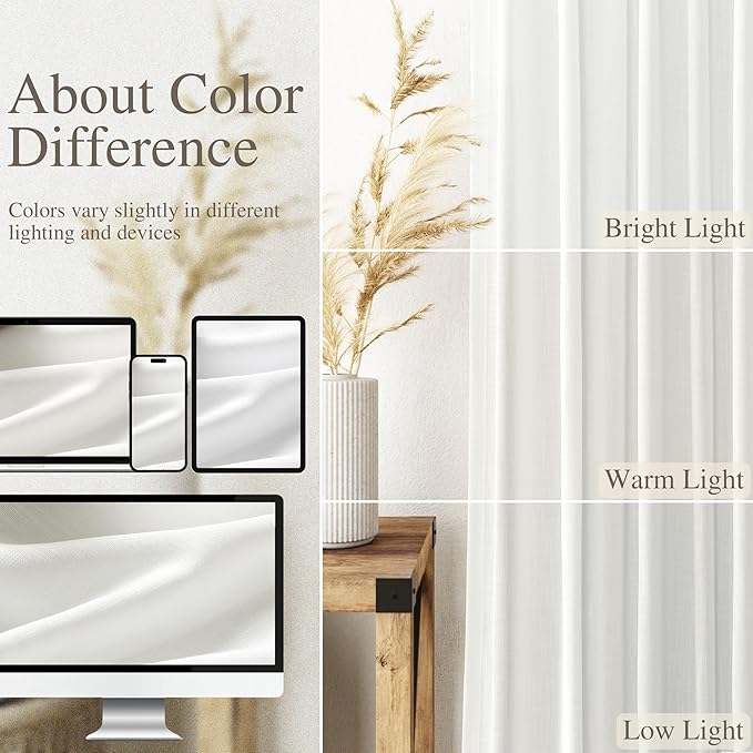 Off White Linen Curtains 80 inches Long for Bedroom Back Tab Light Filtering Privacy Sheer White Curtains Modern Farmhouse Coastal Decor White Cotton Textured Gauze Curtain 2 Panel Set 52x80