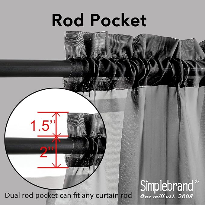 Simplebrand Black Sheer Curtains 120 Inches Long, Extra Long Rod Pocket Solid Color Window Sheer Curtain Panels, Elegant Curtains & Drapes for Living Room, Bedroom 2 Panels (Black, 2x42x120'')