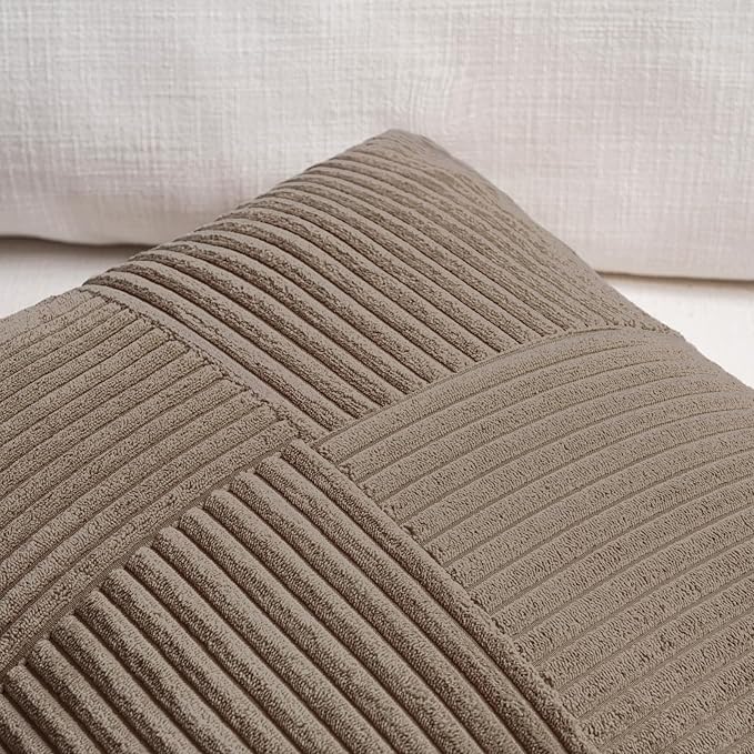 Fancy Homi Set of 2, Light Brown Patchwork Corduroy Decorative Soft Striped Modern Accent Cushion Case Farmhouse Boho Neutral Throw Pillow Covers for Chair Couch Bed Sofa Living Room 32x16 Inch