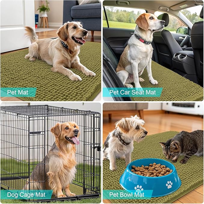 OLANLY Dog Door Mat for Muddy Paws 35x24, Absorbs Moisture and Dirt, Absorbent Non-Slip Washable Doormat, Quick Dry Chenille Mud Mat, Entry Indoor Entryway Carpet for Inside Floor, Willow Green