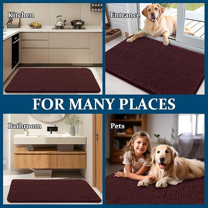OLANLY Dog Door Mat for Muddy Paws 59x24, Absorbs Moisture and Dirt, Absorbent Non-Slip Washable Doormat, Quick Dry Chenille Mud Mat for Dogs, Entry Indoor Entryway Carpet for Inside Floor, Russet