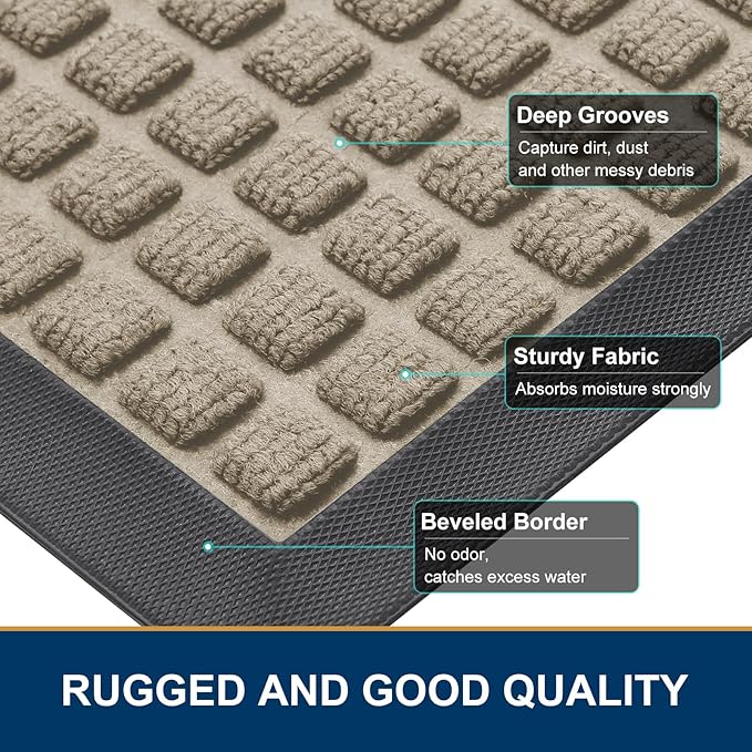Smiry Front Door Mat Outside Entrance, Heavy Duty Natural Rubber Doormat, Non Slip, Trap Dirt and Moisture, Easy Clean, Low Profile Welcome Floor Mats for Indoor Outdoor Entry, 47x32 Inch, Beige