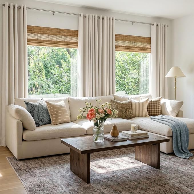 100% Blackout Shield Linen Blackout Curtains for Bedroom, Beige Grommet Curtains for Living Room, Thermal Insulated Room Darkening Drapes for Nursery, Boho Home Decor, 50" W x 108" L, 2 Panels