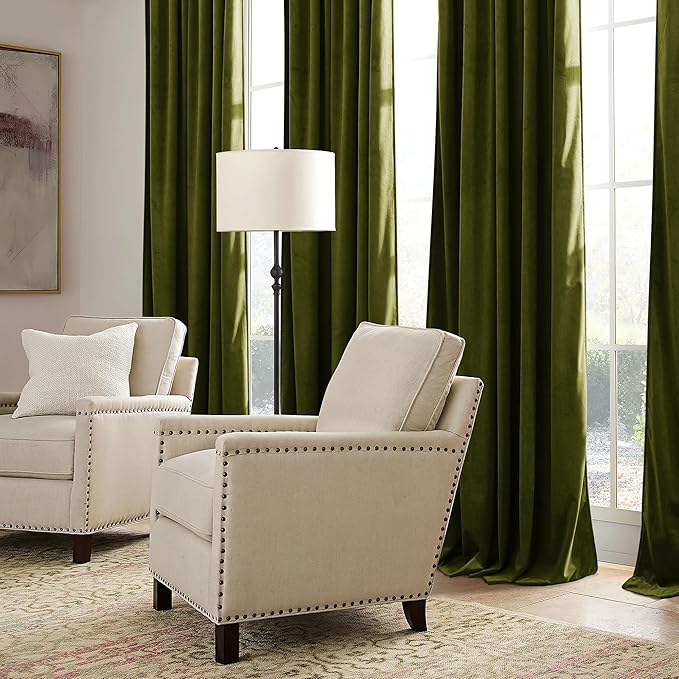 RYB HOME Moss Green Velvet Curtains 63 inches with Hook Belt, Soft Fabric Room Darkening Thermal Insulated Luxurious Home Decor Curtains for Living Room Bedroom, W 42" x L 63", 2 Panels Set