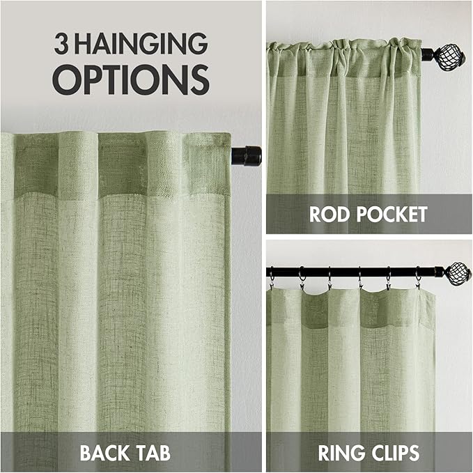 MIULEE Sage Green Linen Curtains 72 Inch Length 2 Panels for Bedroom Living Room, Soft Thick Linen Textured Window Drapes Semi Sheer Light Filtering Back Tab Rod Pocket Burlap Look Decor, W37xL72