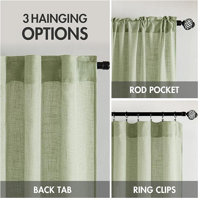 MIULEE Sage Green Linen Curtains 63 Inch Length 2 Panels for Bedroom Living Room, Soft Thick Linen Textured Kitchen Window Drapes Semi Sheer Light Filtering Back Tab Rod Pocket Burlap Look Decor