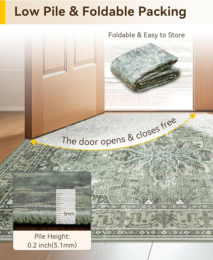 Area Rugs 2'x8' Runner Rug Non Slip Washable for Kitchen Hallway Bedroom Beside Laundry Room Bathroom Rug, Floor Carpet, Dark Green Gray