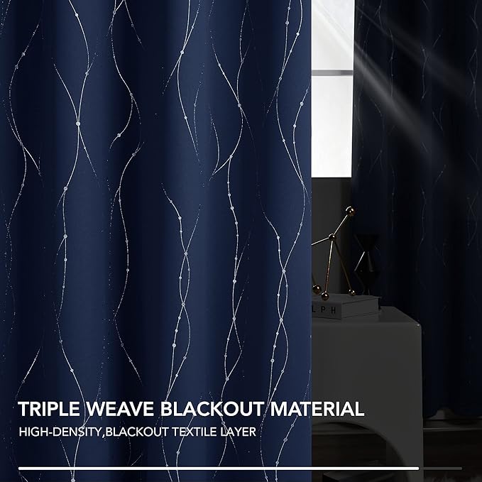 Deconovo Navy Blue Curtains, Blackout Curtain for Bedroom, 42 x 84 Inch, Thermal Insulated Soundproof Privacy Drapes with Silver Wave Dots Pattern, Grommet Top, Machine Washable Panel for Living Room