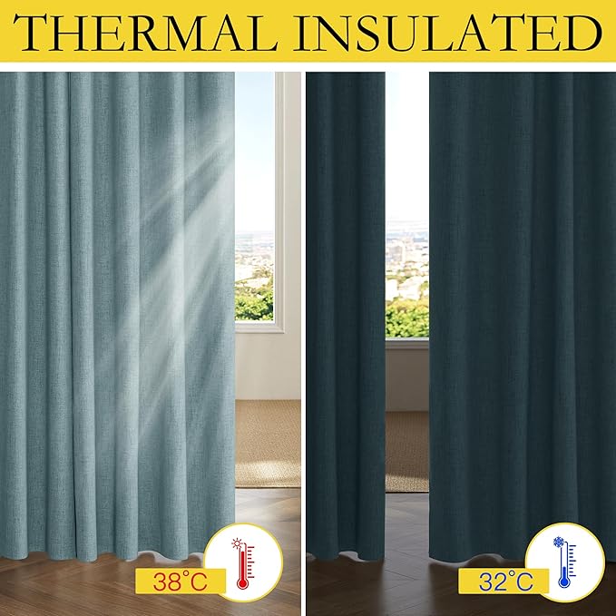 NICETOWN 100% Absolutely Blackout Linen Curtains with Thermal Insulated White Liner, Skylark Blue, 52 inches Wide, 84 inches Length Energy Saving Curtains for Living Room 2 Panels Set, Vertical Blinds