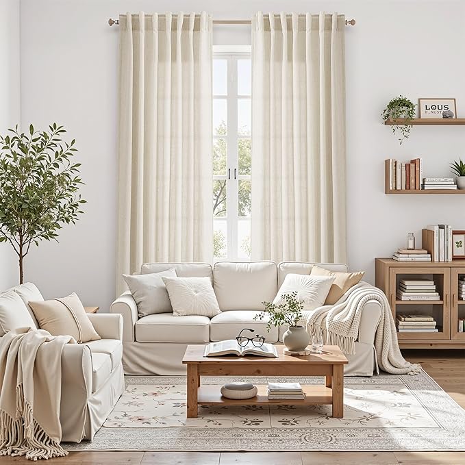 Birch Beige Linen 144 Inch Curtains for Living Room Light Filtering Semi Sheer Curtain Back Tab Modern Farmhouse Decor Elegant Coastal Drapes Floor to Ceiling High Window for Bedroom 52x144, 2 Panels