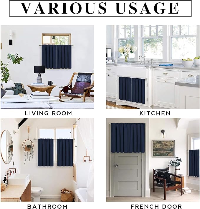 RYB HOME Short Blackout Curtains for Small Window, Sunmmer Heat Light Blocking Privacy Protection Curtains for Sunroom Laundry Room Stair Window, Width 52 by Length 36, Navy Blue, Set of 2