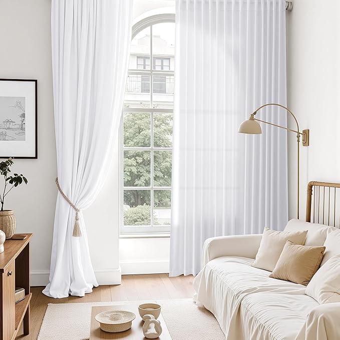 Nanspring Snow White Linen Curtains 96 Inches Long for Living Room Light Filtering Semi Sheer Curtain Back Tab Luxury Neutral Coastal Modern Farmhouse Decor Drapes for Bedroom Office 52x96, 2 Panels