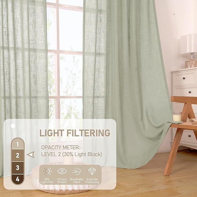 LAMIT 40 Inch Length Linen Curtains for Small Windows, Semi Sheer Light Filtering Panels Back Tab and Rod Pocket Neutral Drapes for Basement/Window/Loft Room, Sage Grey, 2 Panels, 34 x 40 Inch