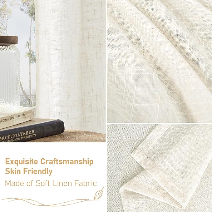 LAMIT Light Filtering Linen Curtains 72 inches Long for Bedroom, Linen Textured Semi Sheer Back Tab and Rod Pocket Boho Drapes for Small Window/Living Room, Cream, 2 Panels, 34 x 72 Inch