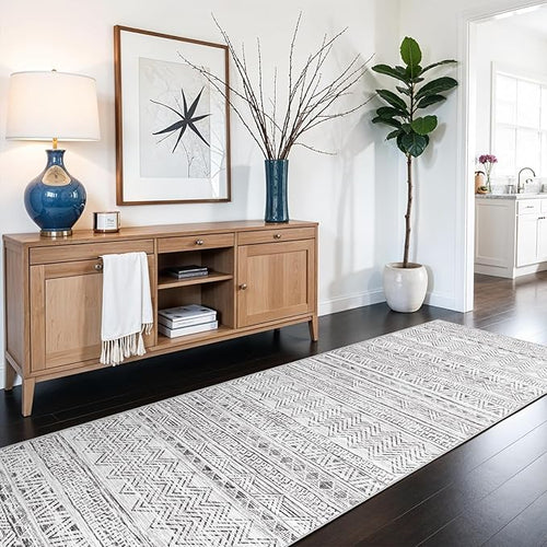 3x6 Washable Hallway Runner Rug - Moroccan Non-Slip Long Runners for Entryway Soft Modern Geometric Low-Pile Rugs for Kitchen Waterproof Neutral Carpet for Bedroom Bathroom Laundry 3x6 Grey