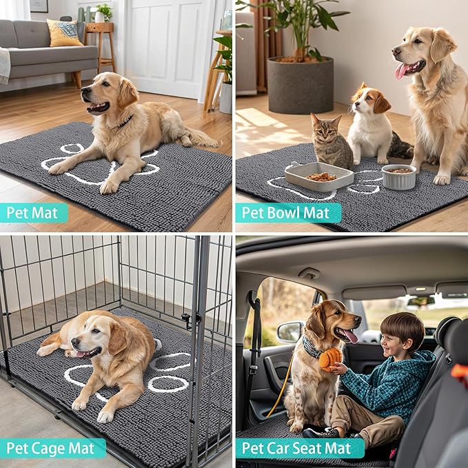 Smiry Dog Door Mat for Muddy Paws, Absorbent Dirt Trapper Non Slip Quick Dry Washable Chenille Mat for Mud Dogs, Entry Rug for Indoor and Outdoor (54x32 Inches, Dark Grey and White)