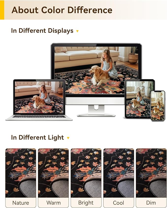 Area Rugs 3'x5' Washable Non-Slip, Floral Vintage Distress Print Pattern Medallion Carpet for Living Room Bedroom Dining Room, Black Colorful Floral Dark Tan