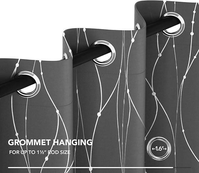 Deconovo Kitchen Curtains, Short Blackout Drapes 42 x 45 Inch, Thermal Insulated Soundproof Grommet Drape, Silver Wave Dots Foil Print Curtain for Small Windows, Living Room, Light Grey, Set of 2