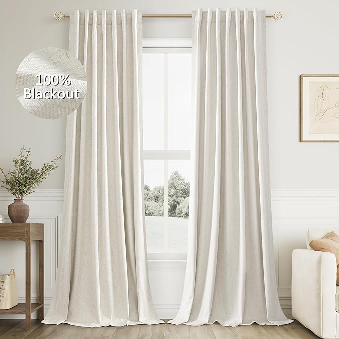 Guken Cream 100% Blackout Linen Curtains 96 Inch Length 2 Panels Set for Living Room Bedroom Back Tab Thermal Insulated Black Out Drapes Room Darkening Window Curtains Ivory Natural
