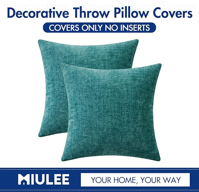 MIULEE Pack of 2 Couch Throw Pillow Covers 26x26 Inch Soft Teal Chenille Pillow Covers for Sofa Living Room Solid Dyed Pillow Cases