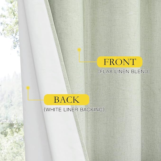 NICETOWN Sage Green Linen Blackout Curtains for Night Shift, Great Job, Set of 2, 34" by 48", Short Kitchen Burlap Linen 100% Blackout Drape Panels with Bronze Grommets for Blocking Light