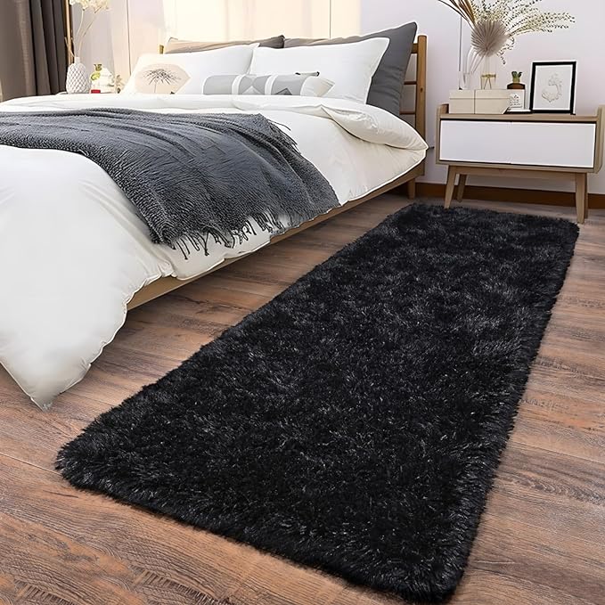 Soft Runner Rugs for Bedroom Hallways, 2x6 Black Fluffy Shag Throw Area Rug Non Slip for Bedside Dorm, Long Shaggy Furry Carpet for Nursery Living Room